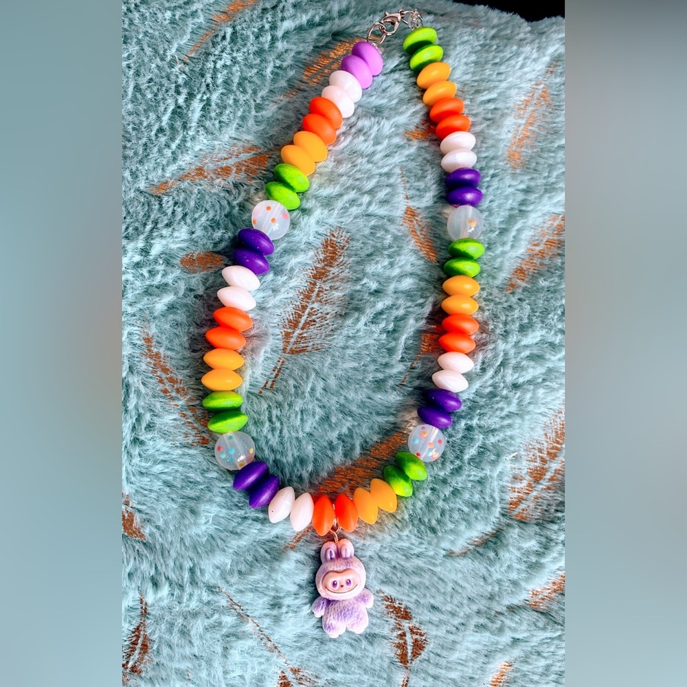 Colorful Beaded Necklace with Labubu Charm